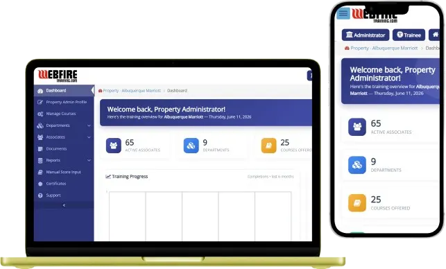 WebFire LMS dashboard on desktop and mobile